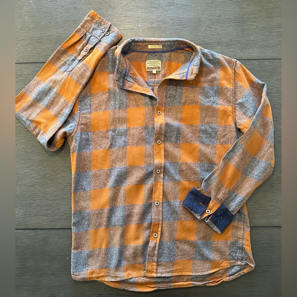 Free Nature, Men’s, Large-Tall-Slim, Orange Plaid, Button Down Shirt.